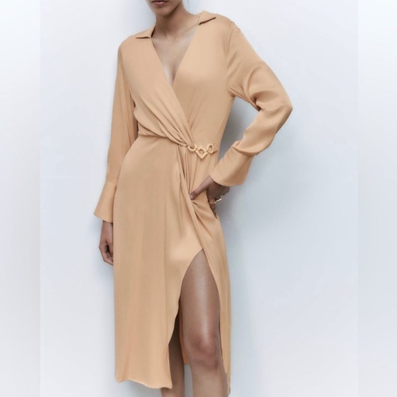 Zara Tan Sheath Dress with Tie Front and Slit - Picture 2 of 6